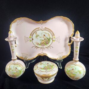 VTG 7 pc Pink Vanity Set Ardalt Tray Powder Perfume Hand Painted Lenwile Cherub